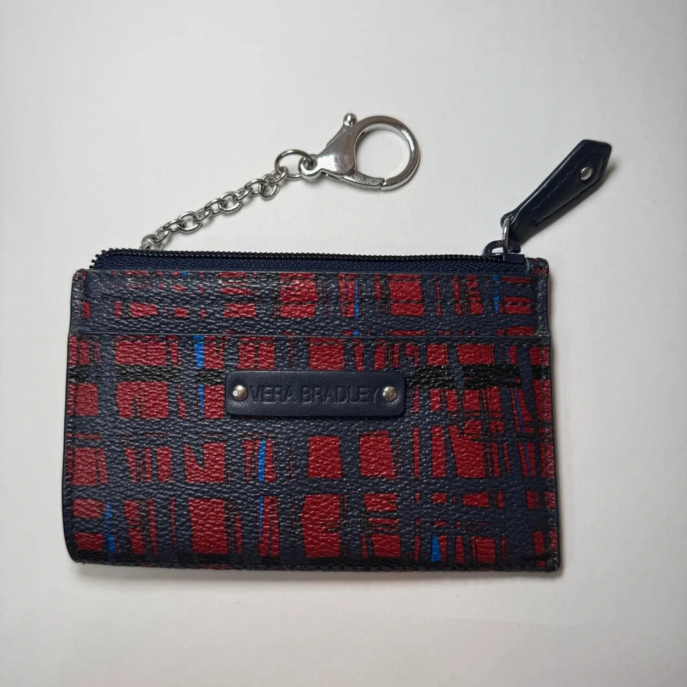 Vera Bradley Plaid Print Small Zip Coin Card Holder Keychain Red Navy